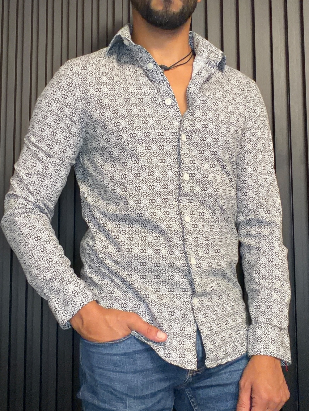 Used Express Men's White Shirt with Black Floral Geometric Print
